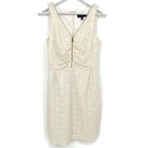 Julie Dillon white cream ecru lace overlay front zippered formal midi dress